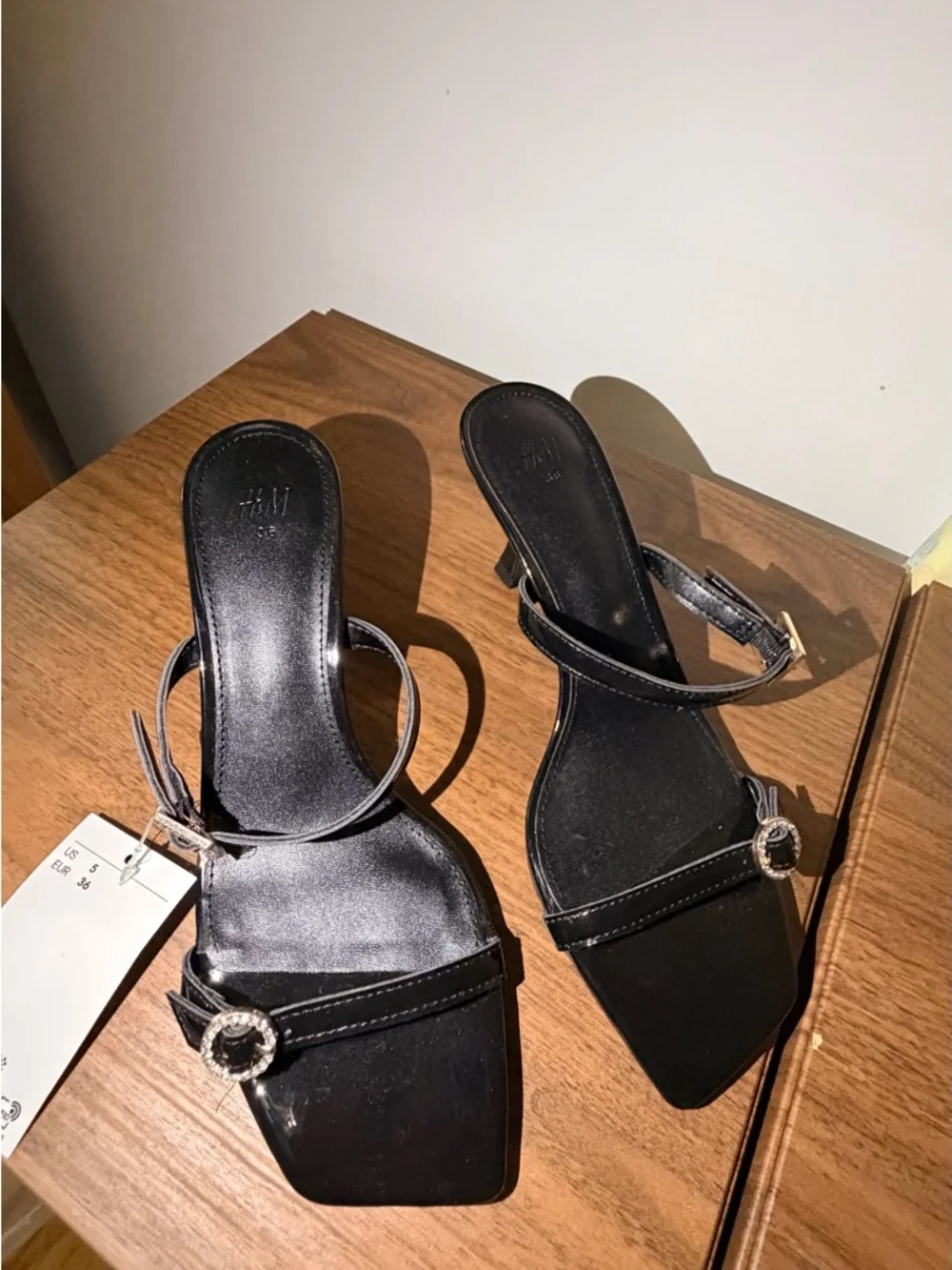 H&M Black Patent Strappy Mid-Heel Sandals with Gold Buckle - Picture 3 of 6